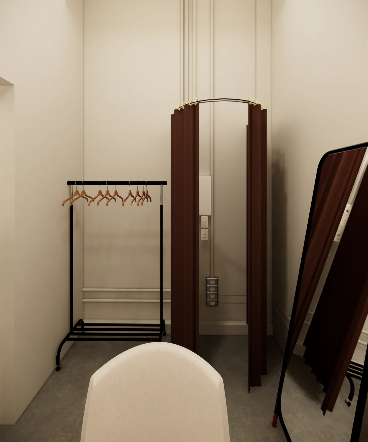Camarim do Nomma com arara, espelho e cortinas vinho
